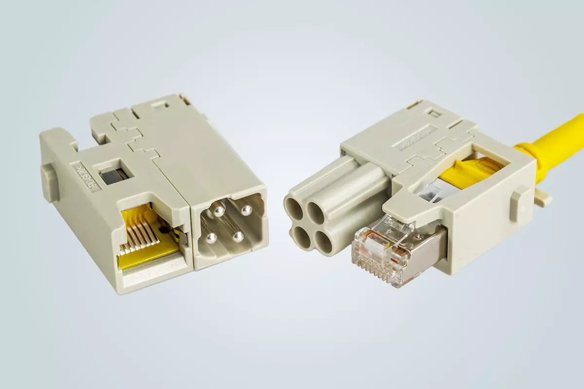 Power contacts in combination with RJ45 data transmission (up to 10 Gbit/s)