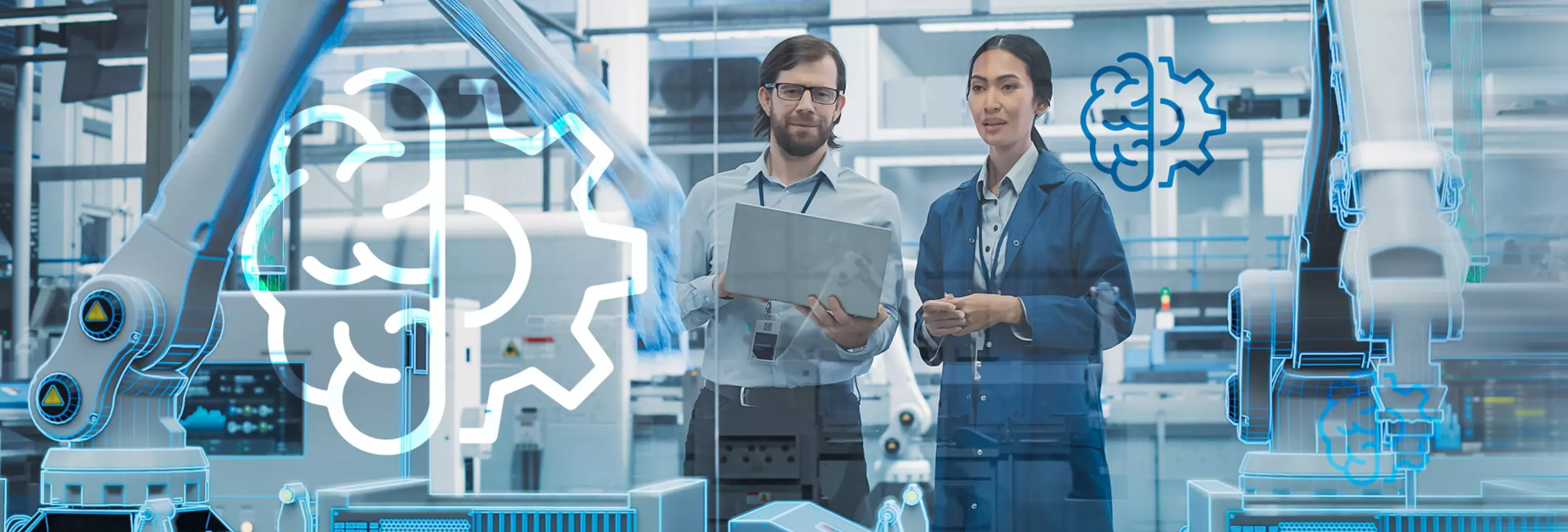 Man and woman in automation production with robots